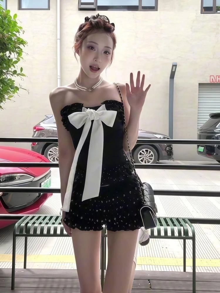 New Summer Sexy Bow Elegant 2 Piece Set Women Y2k Vintage Strapless Tops + Mini Skirt Harajuku Fashion Female Party Chic...