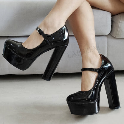LAIGZEM Women Pumps Round Toe Shiny Platform Block High Heels Sandals Buckle Strap Ladies Shoes Woman Big Size 38 40 43...