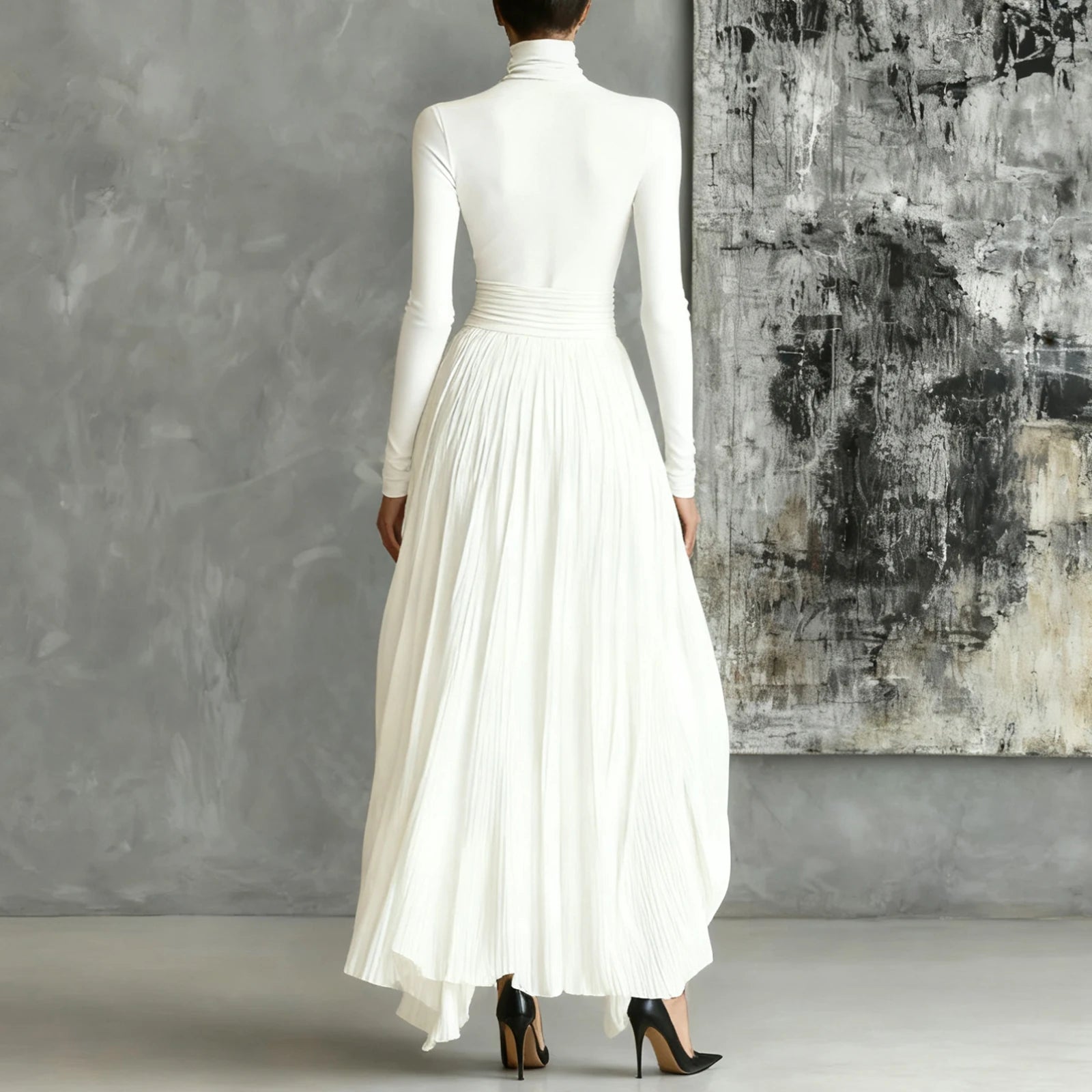 French Retro Elegant Light Luxury Slim-fit Dress for Women Turtleneck Long Sleeve Long Dresses Flowy Dress with a Large Skirt - Kimlud