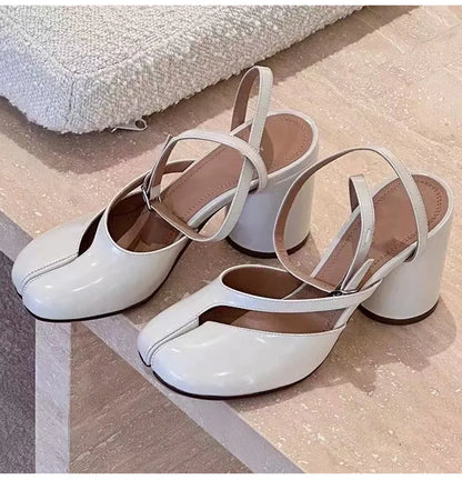Ins style Fashion Patent Leather Split Toe Women Pumps Spring Summer Thick High heels Slingbacks Female Tabi Chunky Casual Shoes