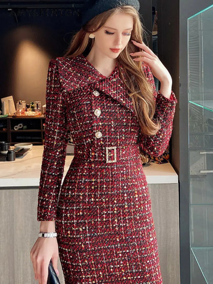 Elegant Retro Tweed Asymmetric Large Lapel Slimming Dress Women's Autumn Winter High-Grade Long Sleeve Mid-length Dress...