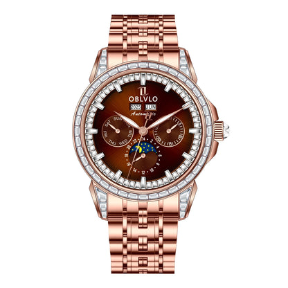 OBLVLO Men's Fashion Automatic Watch Colorful Zircon Moonphase Mechanical Multifunctional Black Leather Strap Timepiece...