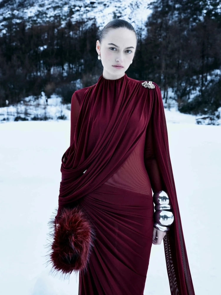 Sexy Long Sleeve O Neck Pleated Draped Long Dress Women Burgundy Mesh Patchwork Folds Slim Runway Celebrity Evening...