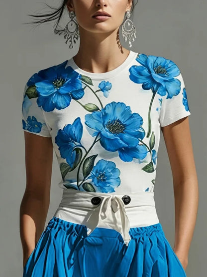 Yeezzi Women's Elegant Blue Floral Printed Matching Tops 2026 New Short Sleeves Round-Neck Slim Fit Casual Summer...