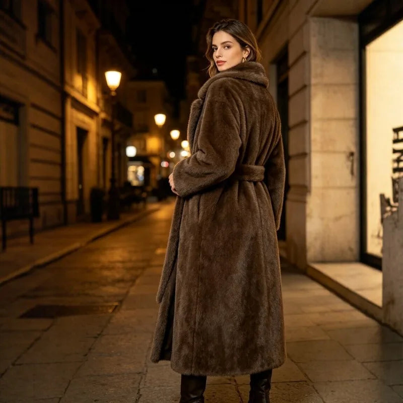 2026 Streetwear Fur Coat Women X-long Faux Mink Fur Overcoat Winter Thicken Turndown Collar Sashes Loose Outerwear Female Coats