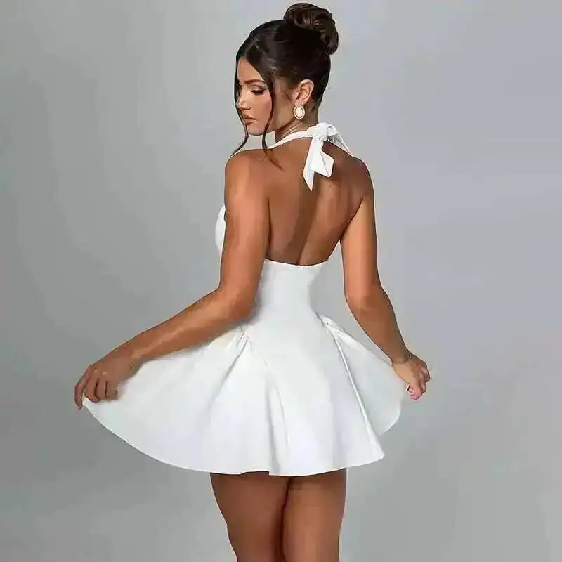 Townlike Waist Wrap A-line Pleated Dress Women Halter Mini 2024 Summer Dress V Neck Backless Nightclub Sexy Party Dresses