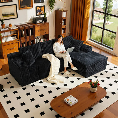105Inch L-Shaped Living Room Sofa, No Assembly Required, Cozy Corduroy Fabric, Sofa Bed Convertible, Minimalist Deep Seat Design