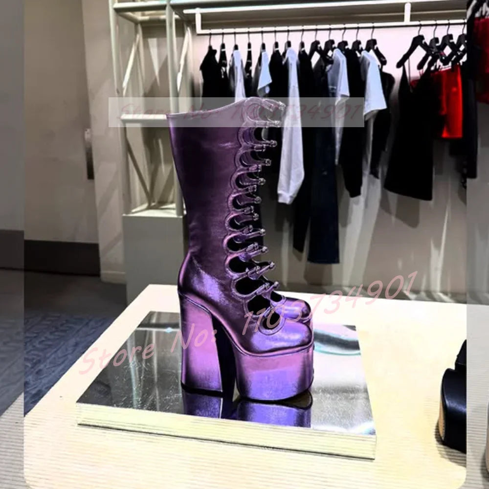 Strappy Purple Metallic Boots Women Party Platform Round Toe Buckle Block High Heels Long Boots Lady Trendy Sexy Knee High Boots