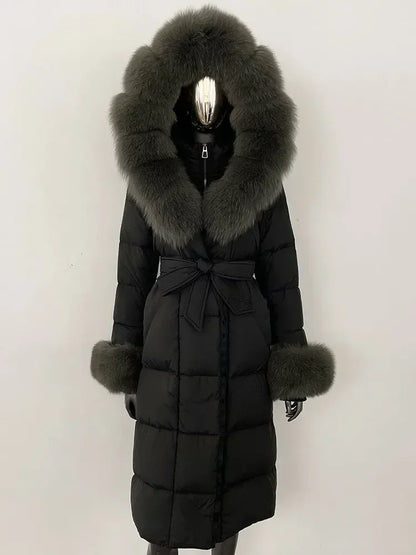 CXFS New Real Raccoon Fox Fur Collar Hooded Natural Long Winter Jacket Women 90 White Duck Down Coat Thick Warm Casual Outerwear