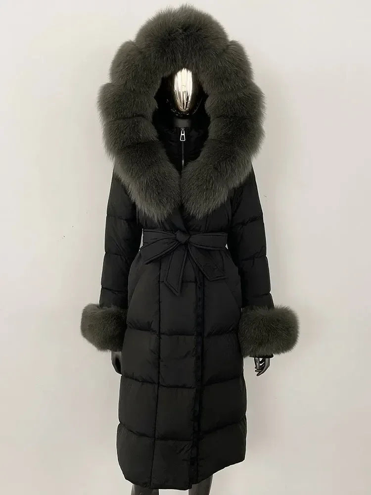 CXFS New Real Raccoon Fox Fur Collar Hooded Natural Long Winter Jacket Women 90 White Duck Down Coat Thick Warm Casual Outerwear