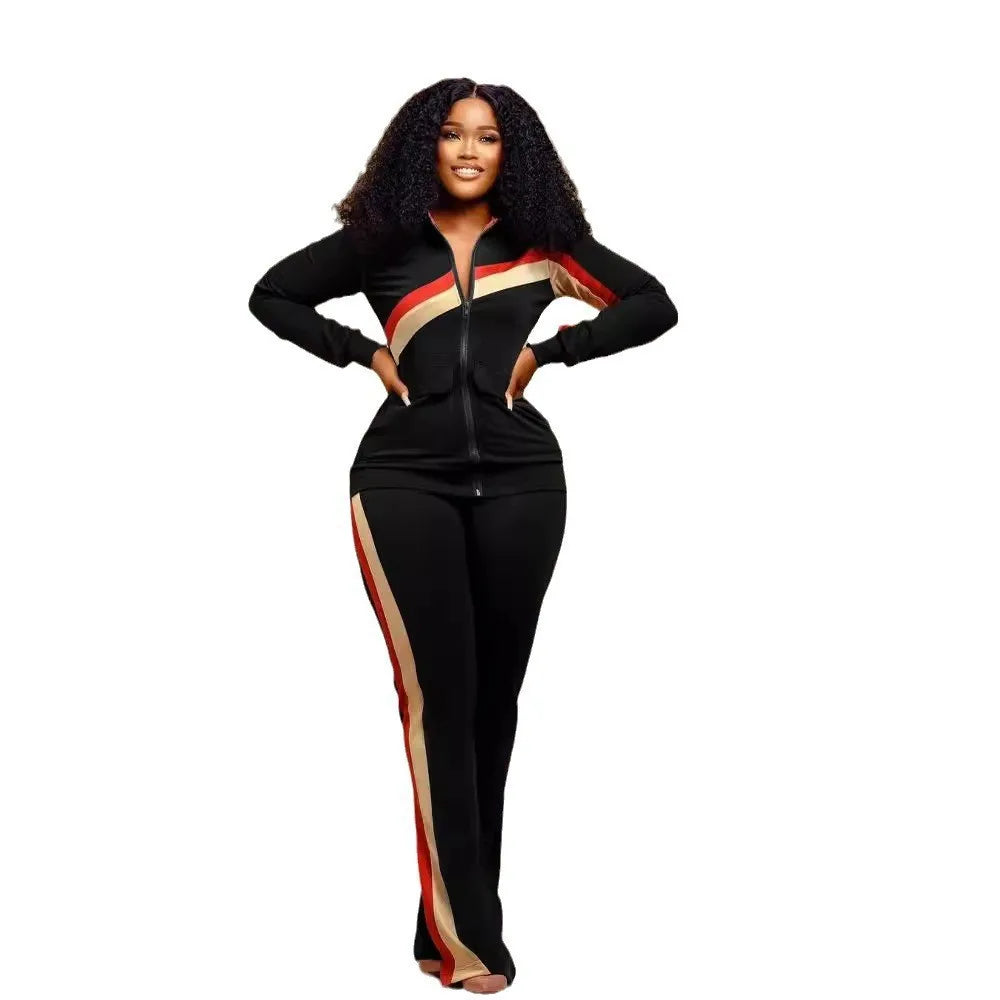 TW521 Women's Sports Casual Fashion Two-piece Striped Splicing Set | Kimlud Mid Range Pants