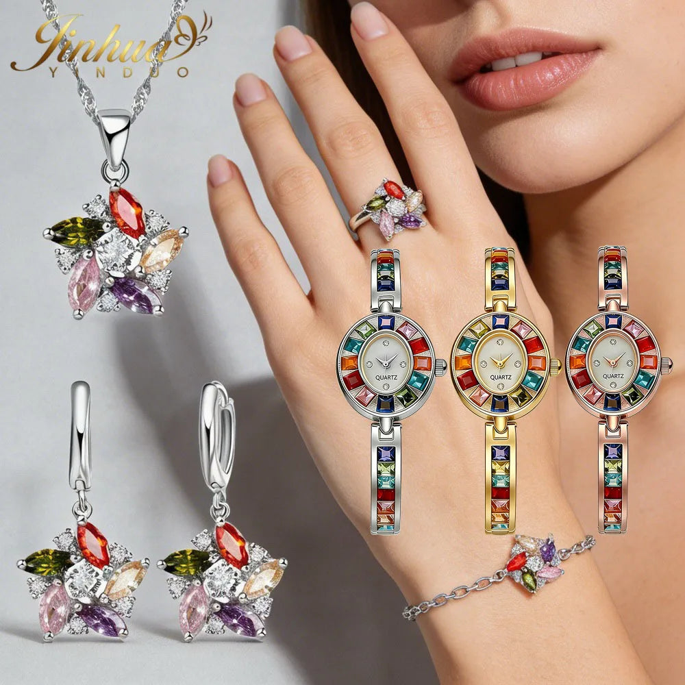 26 Wellness Jewelry Set 925 Sterling Silver Windmill Colorful Good Lucky CZ Necklace Earrings Bracelet Ring+Gift Box For Women