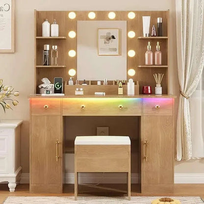 Vanity Desk with Mirror and Lights,Pink Makeup Vanity with Charging Station & Vanity Stool, 3 Drawers and Cabinets White Vanity
