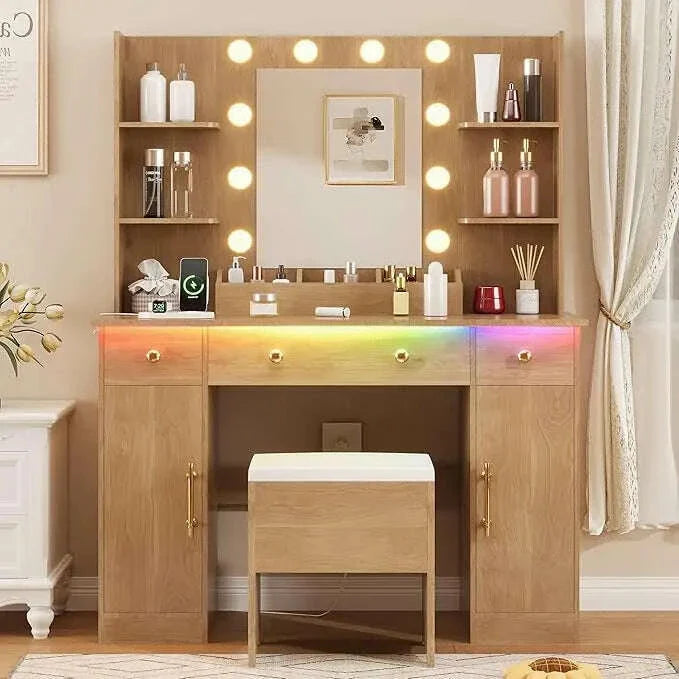 Vanity Desk with Mirror and Lights,Pink Makeup Vanity with Charging Station & Vanity Stool, 3 Drawers and Cabinets White Vanity
