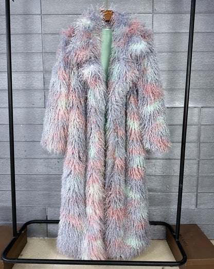 2025 Winter New Colorful Women's Furry Coat Rose Pink Faux Fur Coat Suit Collar Autumn Winter Thick Cardigan Long...
