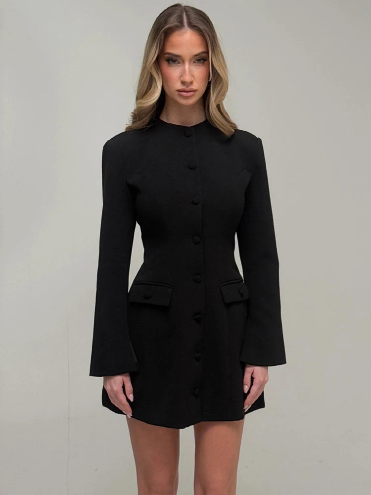 Mozision Long Sleeve Single-breasted Sexy Mini Dress Women Elegant Black Two Pocket High Waist A-line Club Party Dresses Female
