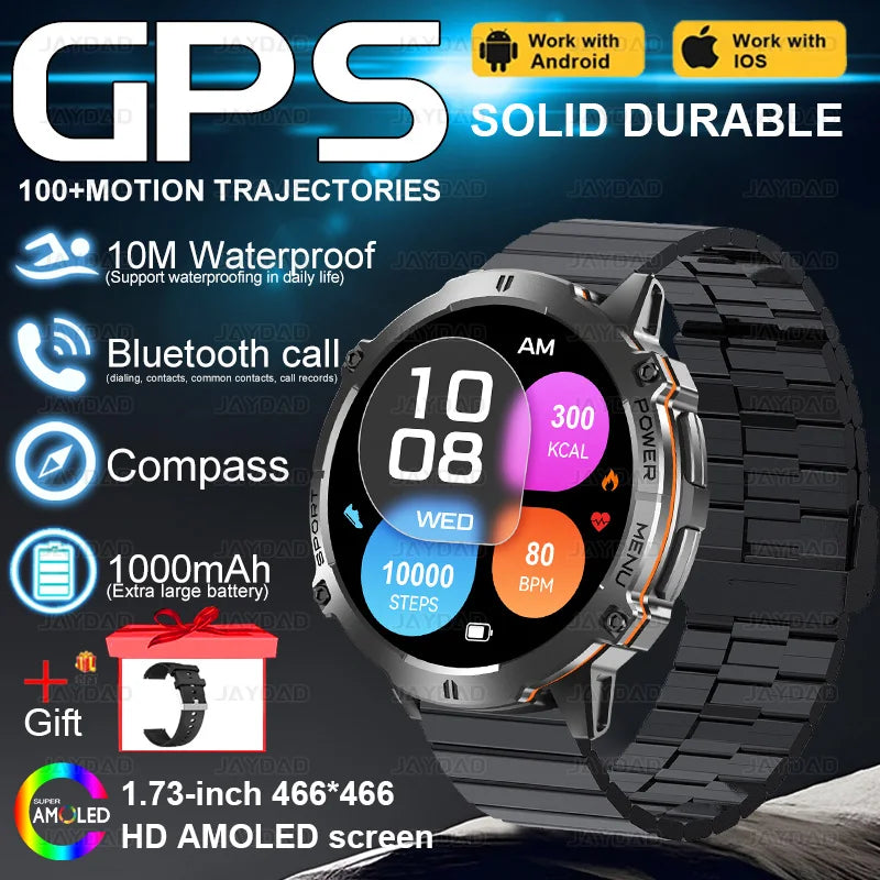 2025New Outdoor Military GPS Compass Smart Watch Men 1.73"HD AMOLED Screen 1000MAH Heart Rate BT Call IP68 Waterproof Smartwat