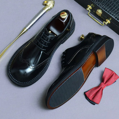 Retro Mens Dress Brogues Shoes Luxury Genuine Leather Round Toe Handmade Fashion Flat Brown Black Wedding Social Shoes Man