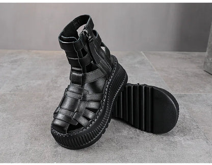 Koznoy 8cm 2025 Ethnic Weave Cow Genuine Leather Hollow Zip Summer Fashion Ankle Booties Women Chunky Heels Breathable...