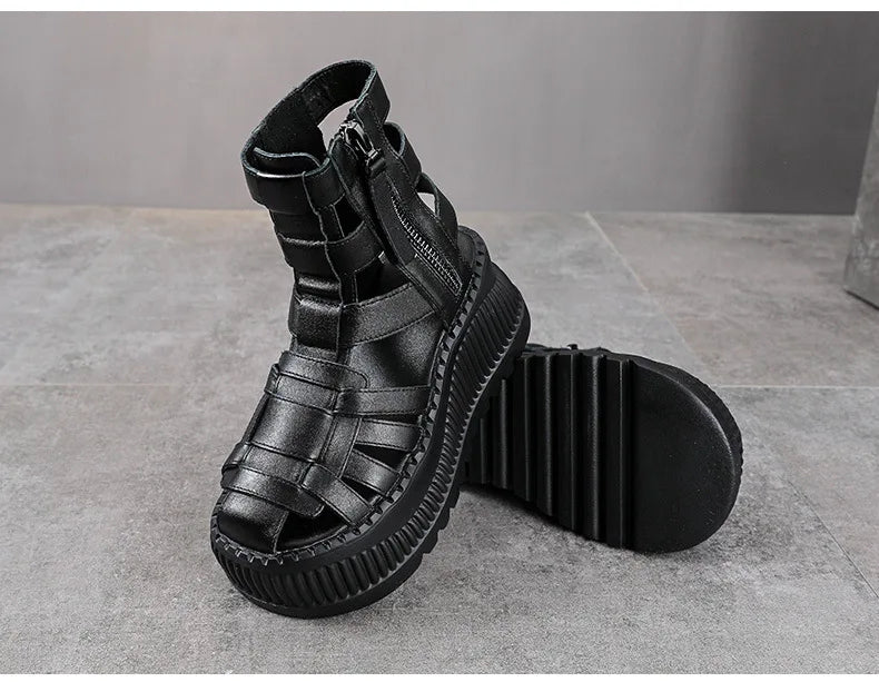 Koznoy 8cm 2025 Ethnic Weave Cow Genuine Leather Hollow Zip Summer Fashion Ankle Booties Women Chunky Heels Breathable...
