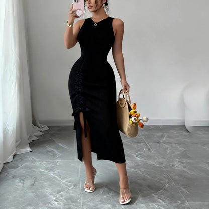 Women's Blue Sleeveless Crew Neck Ruched Side Sundress Stretchy Ribbed Knit Bodycon Midi Dress Slit Summer Daily Party Dress - Kimlud