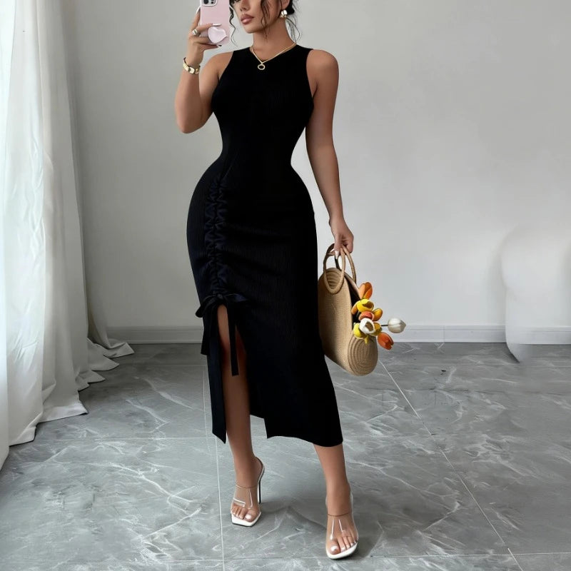 Women's Blue Sleeveless Crew Neck Ruched Side Sundress Stretchy Ribbed Knit Bodycon Midi Dress Slit Summer Daily Party Dress - Kimlud