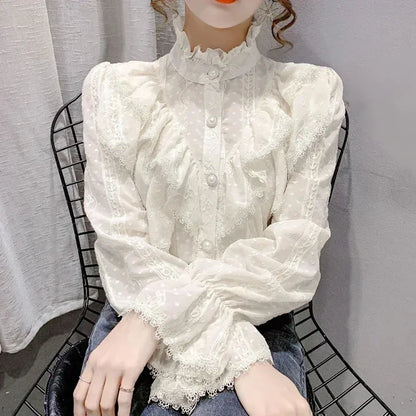 Long Sleeve Loose Spring Fashion Button White Shirt Elegant Stand Collar Pleated Tops Casual Ruffle Lace Blouse Blusas 15832 - Kimlud