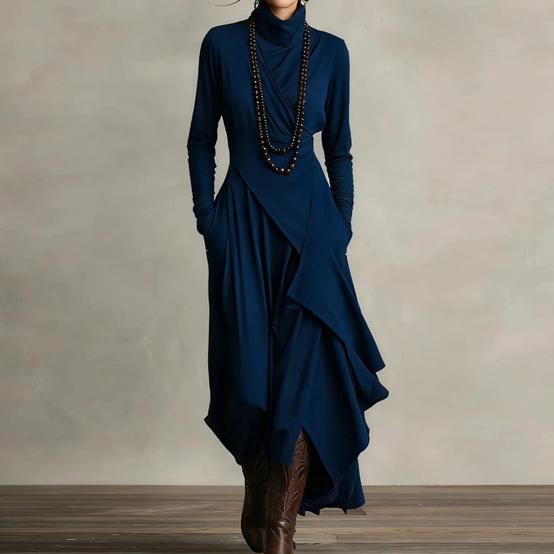 Spring Autumn Long Sleeve Solid Party Dress, Women Holiday Turtleneck Simple Irregular Dress, New Fashion Patchwork Ladies Dress