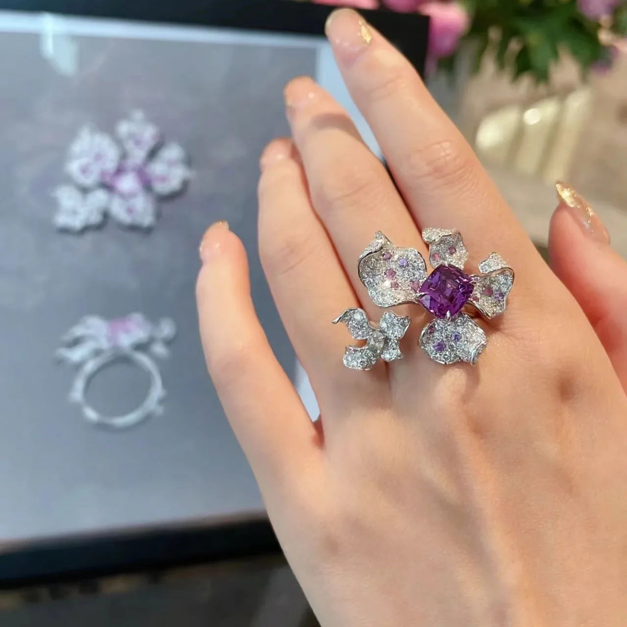 2022 New Trendy Big 925 Ring Amethyst Zircon Flower Open Rings for Women Luxury INS Style Party Dinner Sterling Silver...