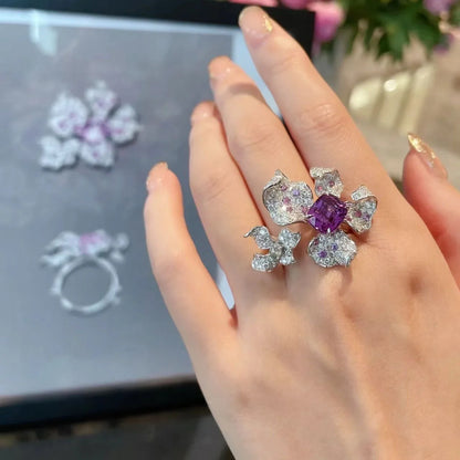 2022 New Trendy Big 925 Ring Amethyst Zircon Flower Open Rings for Women Luxury INS Style Party Dinner Sterling Silver...