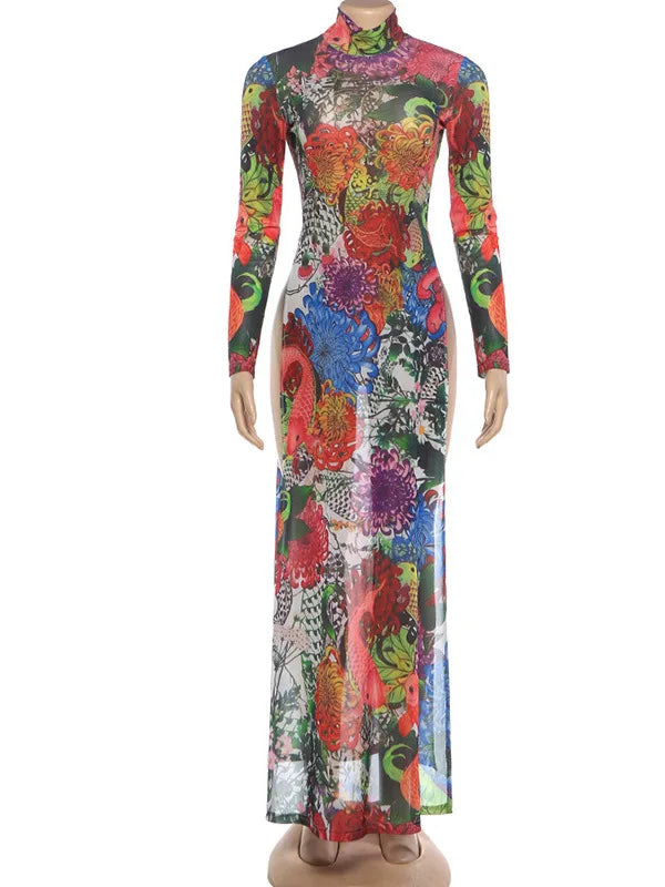 Spring New Arrival Women's Long Sleeve Plant Print High Split Long Top Fashionable Personalized Polyester High Waist H-Line D... - Kimlud