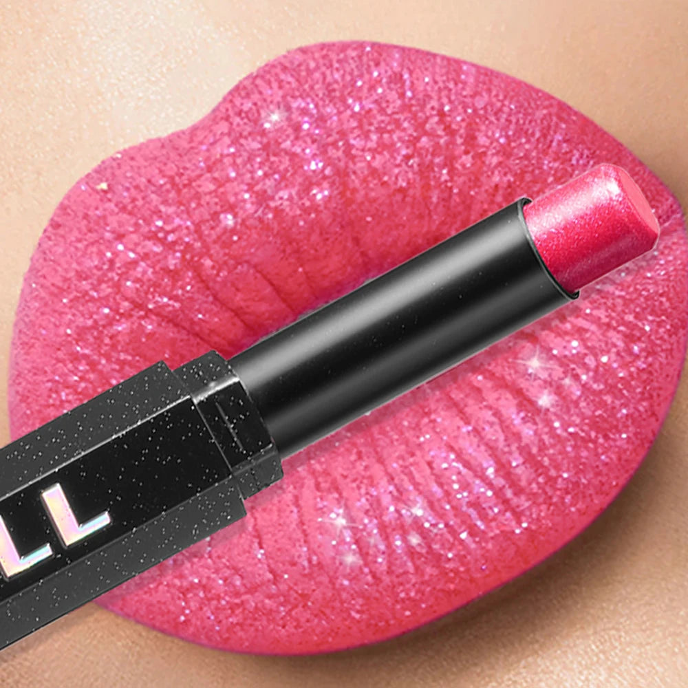 Diamond Shiny Lipstick Highly Pigmented Metallic Pearl Lipstick Waterproof Long-Lasting Makeup Sparkle Radiant All Day Cosmetic