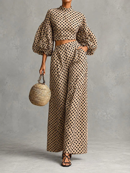 Loose Polka-dot Trousers Suit Autumn Winter Elegant Street Style Lantern Sleeve Long-sleeved Top Wide-leg Trousers Two-piece Set
