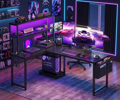 L Shaped Gaming Desk with Power Outlets & LED Lights, Corner Desk with Monitor Stand for Home Office, Space-Saving |...