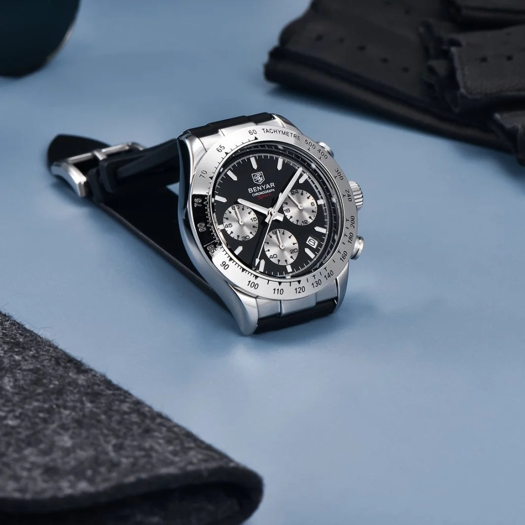 BENYAR New Casual Mens Quartz Watches Steel Bezel Silicone Strap Waterproof Multifunctional Luminous Wristwatch For Man