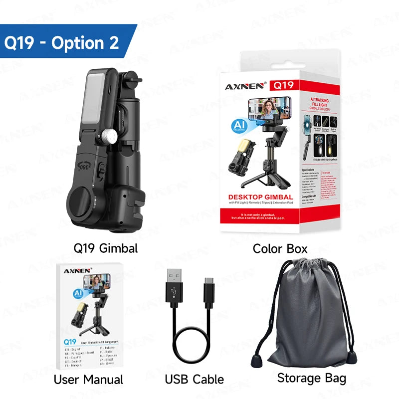 Gimbal Q19 AI Desktop 360° Auto Rotation Face Track Anti-Shake Selfie Stick Handheld Stabilizer with Fill Light for Smartphones