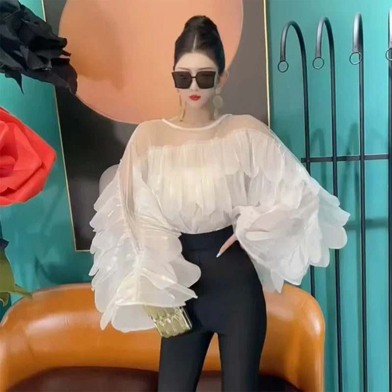 Women Blouse Light Luxury Summer Shirt For Lady Round Neck Full Sleeves Spliced Flounced Edge Mesh Irregular Hem Loose Tops Tide