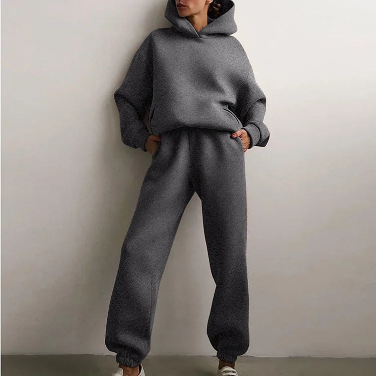 2 Pieces Set Women New Fashion Leisure Autumn Winter Pure Color Fleece Hooded two-piece Sports Suits Dropshipping LKX21660