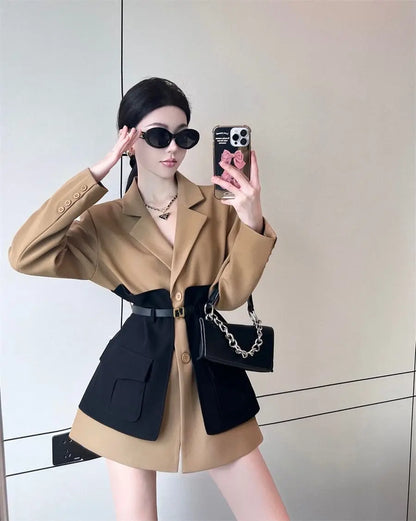 Original Design Blazer Women Fashion New Loose Spliced Pocket Korean Shrug Notched Single Breasted Blazer Mujer Femal with Belt