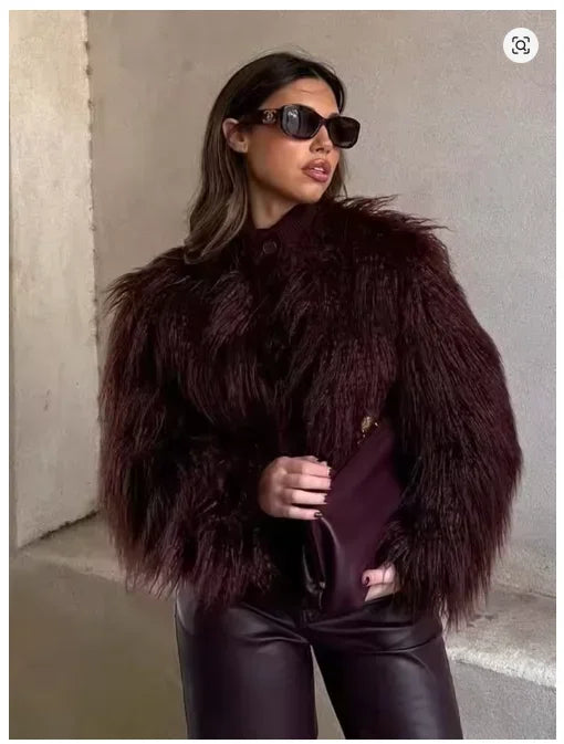 Women's Faux Fur Warm Jacket Fashion Vintage Winter Casual Single Breasted Coat Long Sleeves Stand Collar Short Tops Outwear