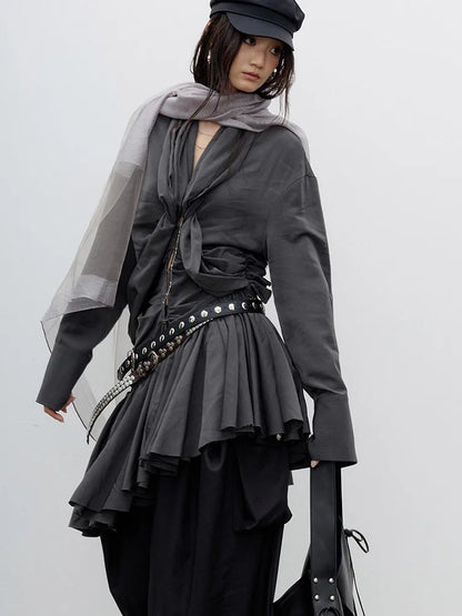 [EAM] Women Gray Pleated Irregular Burr Hem Elegant Shirt Dress New V-neck Long Sleeve Fashion Tide Spring Autumn 2026...