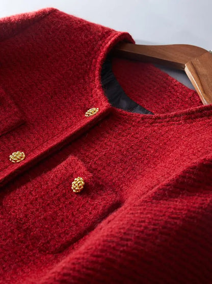 Women's Spring Autumn New Red White Fragrant Coat Chic Outerwear Tops High Street French Fashion