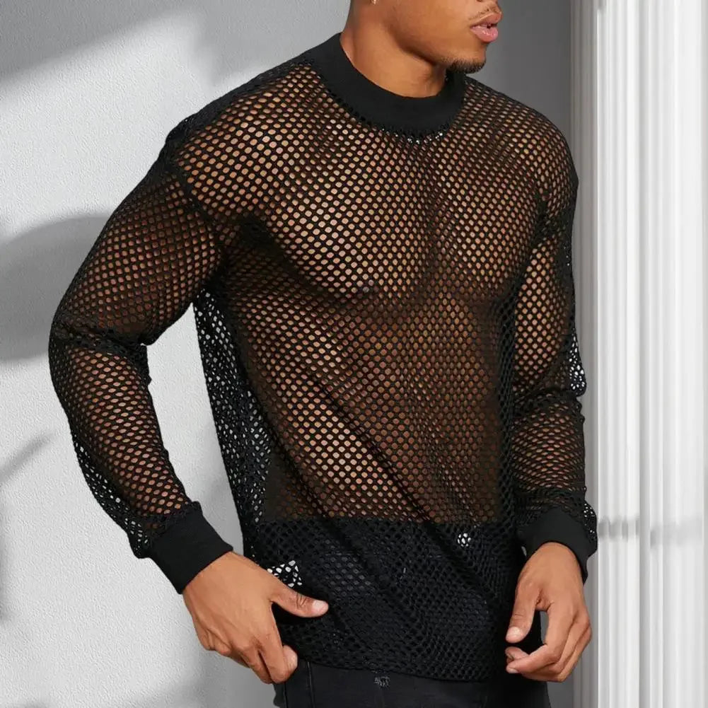 Men Black Mesh Top Hollow Design Muscle Tee Men's Thin Mesh Top with Long Sleeves Solid Color Stretchy Loose Fit for Club Dance - Kimlud