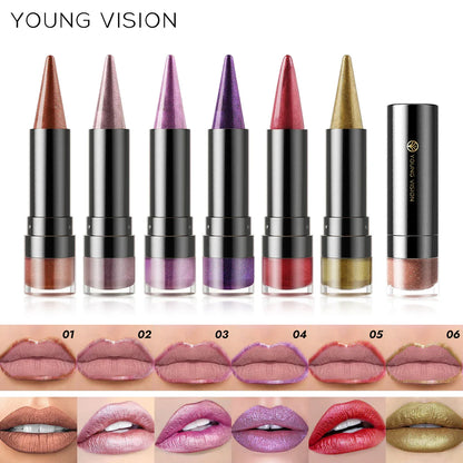 YOUNG VISION 6 colors matte pearl fine glitter diamond dual-purpose lipstick long-lasting easy to color non-stick cup lipstick
