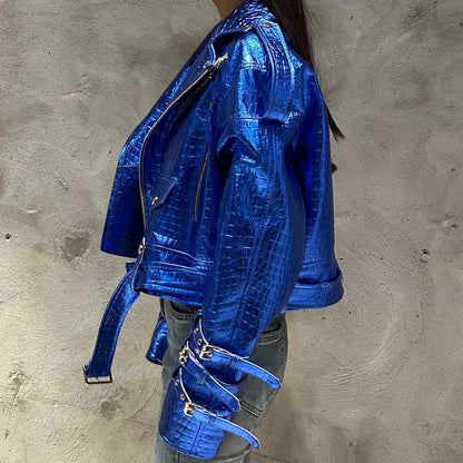 Shiny Blue Women Leather Jacket Real Lambskin Leather Cloth Streetwear Leather Jackets