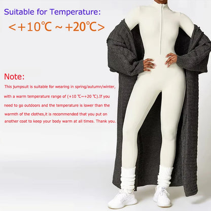 Warm Plush Sports Jumpsuits Women's Tracksuit One-Piece Fitness Suit Winter Gym Sets Long Sleeves Black Exercise Bodysuit Woman - Kimlud