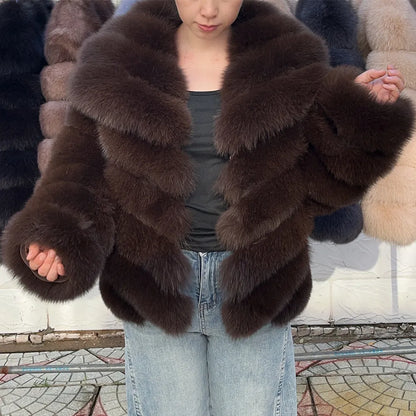 QUEENTINA Winter New Women's Real Fox Fur Coat With Collar Overcoat Leather Female Natural Plus Size