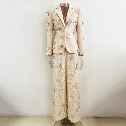 HIGH STREET Newest Fashion 2026 Designer Runway Suit Set Women's Luxurious Beading Flower Suit Trousers Pants Suit 2pcs...