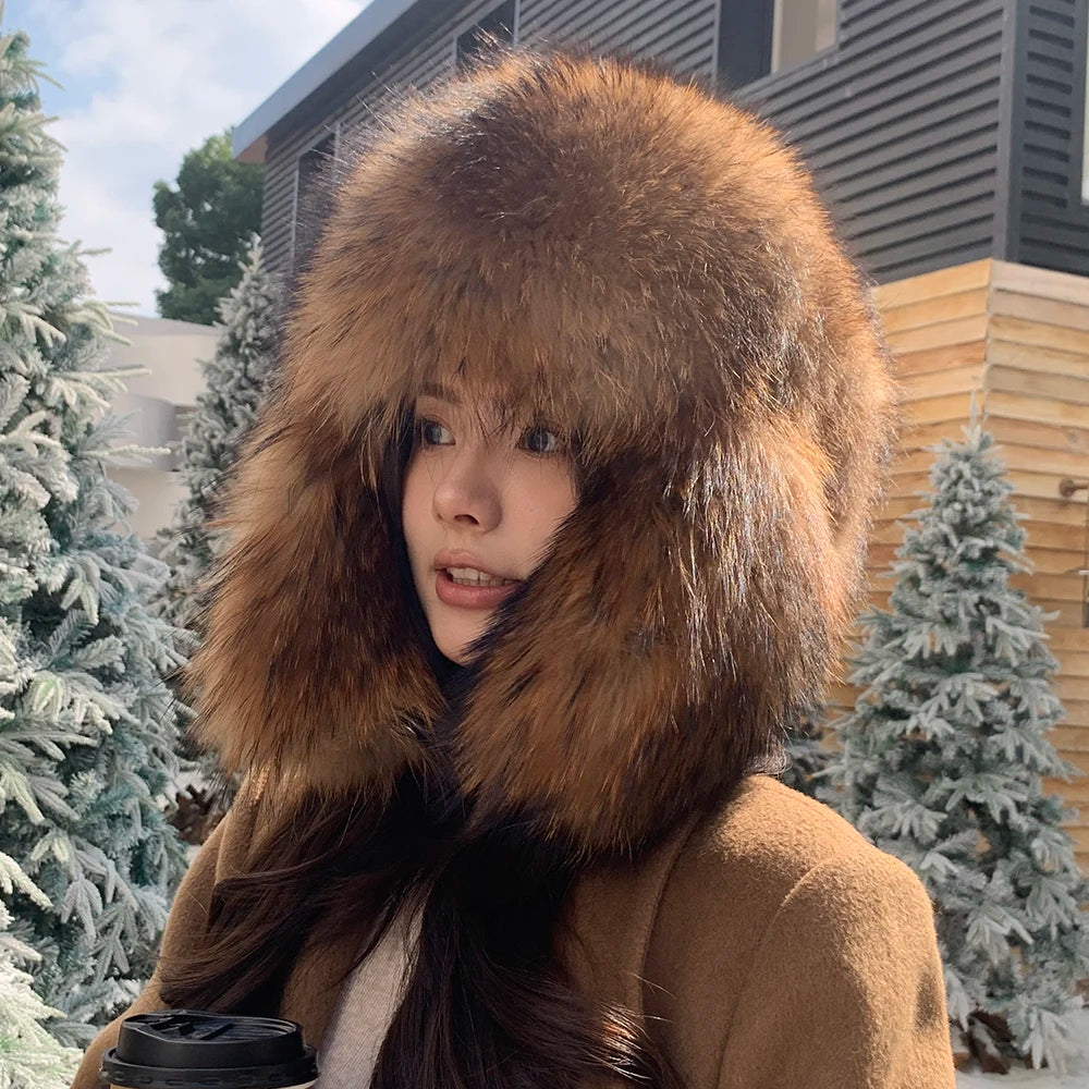 Natural Raccoon Fur Caps Russian Hat Unisex Trapper Fur Cap Aviator Trooper Winter Thickened And Warm Flaps Ski Hat Bomber Hats