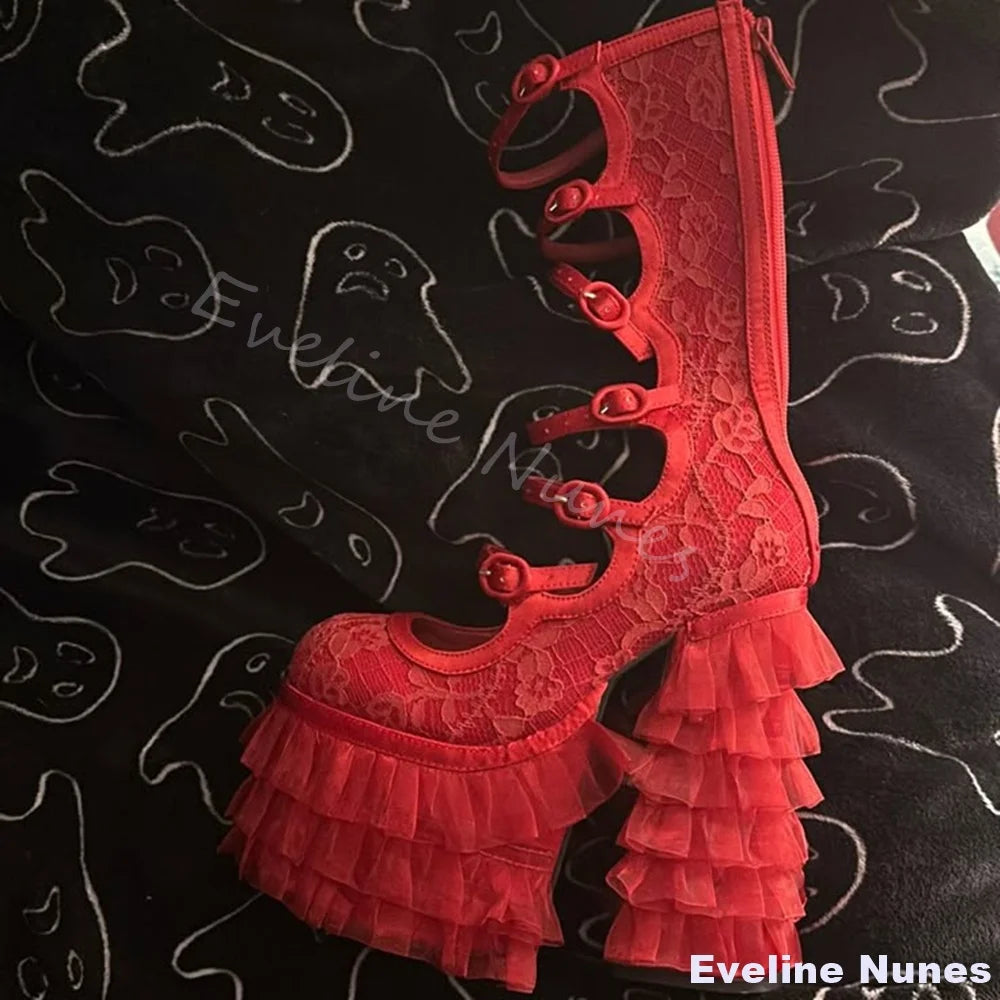 Red Lace Sweet Wedding Shoes Women Round Toe Chunky Heel Platform Chiffons Lolita Long Sandals 2025 New Sweet Hot Girl Sandals - Kimlud